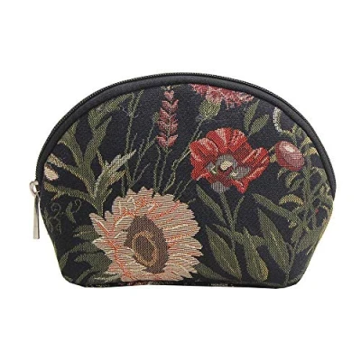 Image of Signare Tapestry Cosmetic Bag Makeup for Women with Garden Flowers and Creatures (Morning Black, COSM MGDBK)