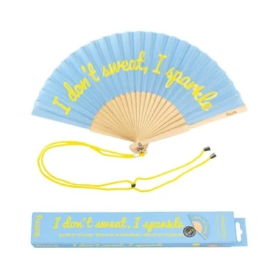 Image of Fisura Original Handheld Folding Fan with message in english. Colourful wooden fan. holding Hand Fans. hanger included (Sparkle, blue)