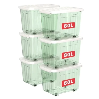 Image of Cetomo 80L*6 Storage Boxes with Wheels, Plastic Box Lid, Latching Buckles, Click Closure, Stackable, Nesting, Durable Organizer for Home Office Clothes, Clear Green, 80L 6 Pack