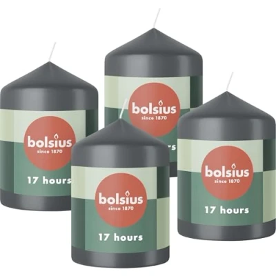 Image of Bolsius Pillar Candles Anthracite 4 Pack 8 x 6 cm Decorative Household Long Burning Time of 17 Hours Unscented Includes Natural Vegan Wax Without Palm Oil