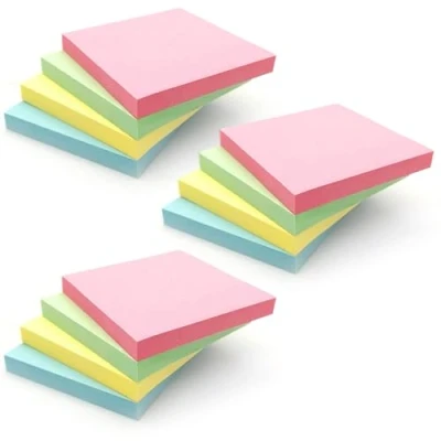Image of 3 x 400 Quality Pastel Colours Removable Sticky Post Notes 76x76mm 2 4 Pads of 100 Sheets Blue, Pink, Green, Yellow