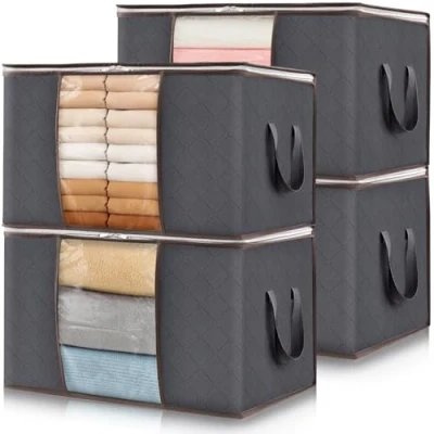 Image of Lifewit 4 Pack Clothes Storage Bags, Foldable Box Moving Bags Wardrobe Organiser Packing Boxes for House with Clear Window Clothing Bedding Blankets, Grey