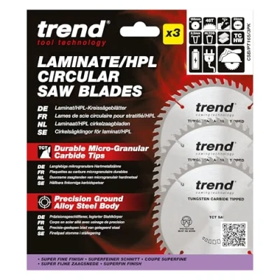 Image of Trend Laminate &amp; HPL Circular Saw Blades, 165mm Diameter, 20mm Bore, 48 Teeth, TCT, 2.2mm Kerf, +4 Hook, CSB/PT165/3PK