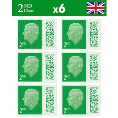Image of 2nd Class Stamps (6 Pack) Barcoded Self Adhesive UK Letter Postage for Total)