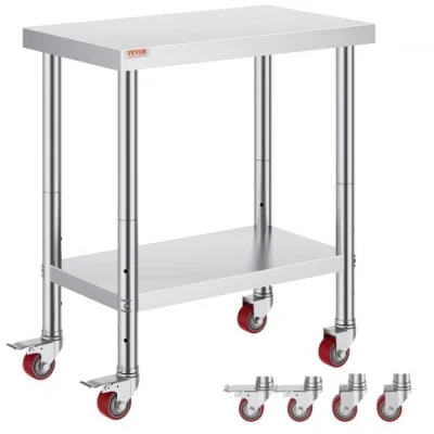 Image of VEVOR Stainless Steel Catering Work Table 30x18 Inch Commercial Kitchen with 4 Wheels Food Prep Workbench Flexible Adjustment Shelf for