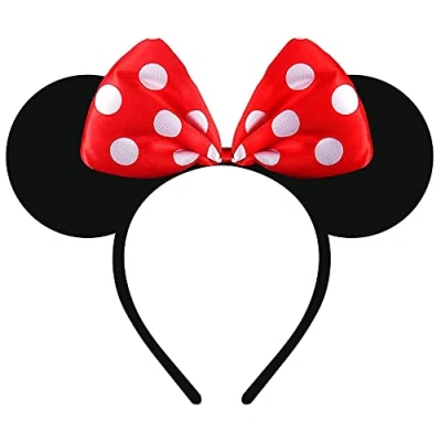 Image of Youngly ® Minnie Mouse Polka Dot Headband with Red Bow &amp; Black Mickey Ears Fancy Dress Accessories Girls Costume Parties Aliceband.