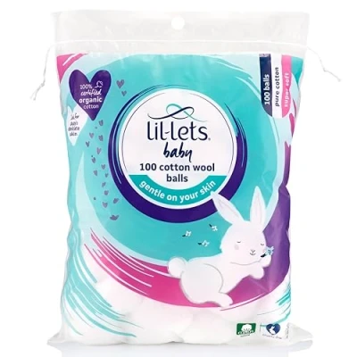 Image of Lil Lets Baby Cotton Wool Balls, 100 Count, Certified Organic, 100% Pure Wool, Super Soft, Large Puffs, Gentle on Baby&#039;s Delicate Skin, Dermatologically Tested, Ideal for Newborns