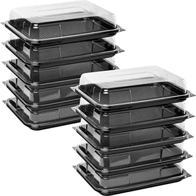 Image of Deli Supplies Pack of 10 Small Rectangle Food, Cake, Sandwich Platter Tray Set, Black Base with Clear Lid Durable Buffet Catering Food Trays (L340mm X W250mm D70mm Lids)