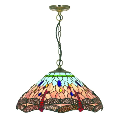 Image of Ceiling Pendant Antique Brass, Blue, Dragonfly Tiffany Glass, E14
