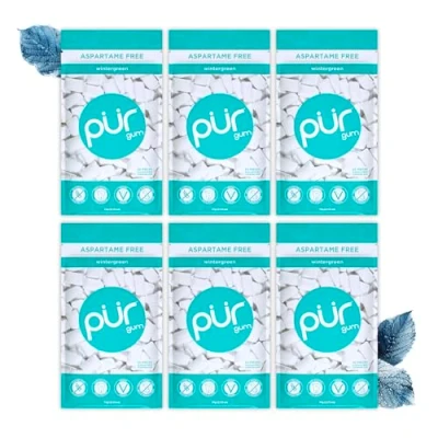 Image of PUR Gum Sugar Free Chewing Made with Xylitol Vegan, Aspartame Free, Gluten and Keto Friendly Natural Wintergreen Flavoured Gum, 55 Pieces (Pack of 6)
