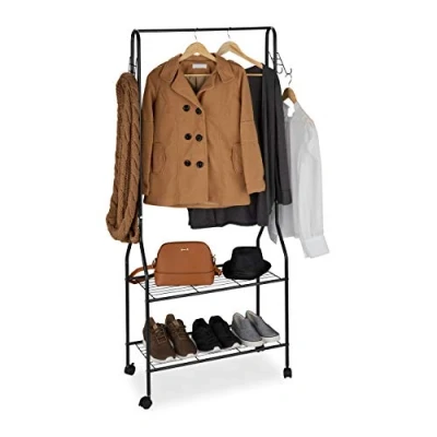 Image of Rolling Wardrobe Stand with 2 Tiers for Shoes, Bags, Accessories, Hooks, Metal, Coat Rack, Black Relaxdays
