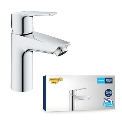 Image of GROHE QUICKFIX Start Wash Basin Mixer Tap (Metal Lever, Smooth Body, 28 mm Ceramic Cartridge, Min. Recommended Pressure 0.4 Bar, Tails 1/2 Inch), Size 165 mm, Quick Tool Included, Chrome, 24166003