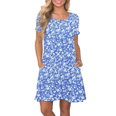 Image of AUSELILY Women&#039;s Summer Dresses Casual T Shirt Short Sleeve Dress Loose Swing with Pockets Floral Blue White M