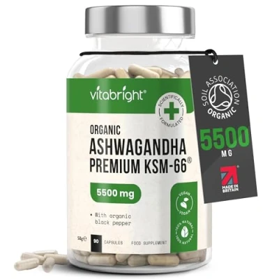 Image of Organic Ashwagandha KSM 66, 5500mg High Strength Ashwaganda KSM66 5% Withanolides, 90 Vegan Capsules (3 Months) Pure Root Powder (not Tablets) VitaBright