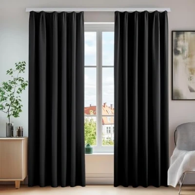 Image of Deconovo 2 x Blackout Curtains with Ruffle Tape Noise Protection Heat Retention 290 140 cm (H W) Black