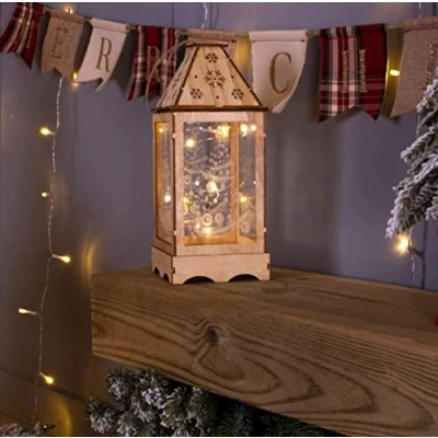 Image of Battery Powered Wooden Christmas Lantern with LED String Lights Create a festive, cosy glow