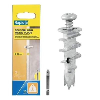 Image of Rapid Self Drilling Plasterboard Fixings, Pack of 10 Heavy Duty Metal 6 16 mm Wall Thickness, 5 kg Load, No Drill Screws, Plugs, Cavity Fixings (5001558)