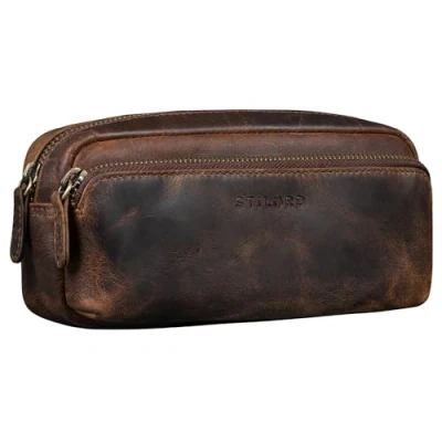 Image of STILORD &#039;Melissa&#039; Large Pencil Case Vintage Leather Pouch Pen Ideal as Bag Organiser Make Up in Genuine Leather, Colour:Soria Brown