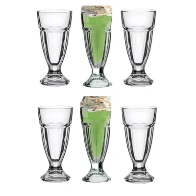 Image of RDK Set of 6 Large Milkshake Soda Glasses 300ml Dessert Sundae Ice Cream American Diner Style Fountain Long Tall Smoothie Fruit