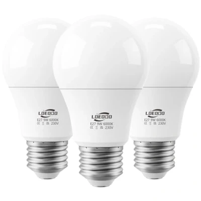 Image of LOEODO E27 Screw LED Bulb 60W Equivalent, 9W Light Bulb, 806 Lumens, 6000K Cool White, Large Non Dimmable, Pack of 3