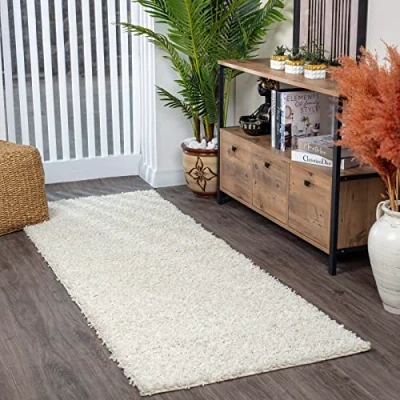 Image of Livabliss Home Shaggy Rug Modern Runner Rugs Living Room, Hallway 80x220 cm, Soft for Bedroom Neutral Boho Fluffy Rug, Easy Care Plush Thick Pile White