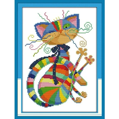 Image of Cross Stitch Kits Stamped, OWN4B Colorful Cat Printed Pattern 11CT 12.6x16.5 inch DIY Embroidery Kit (Cat)