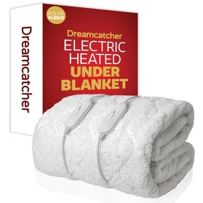 Image of Dreamcatcher Double Electric Blanket 190 x 137cm, Soft Fleece Polyester Fitted Underblanket Mattress Cover, 3x Heat Settings, 2x Controllers and Machine Washable Heated