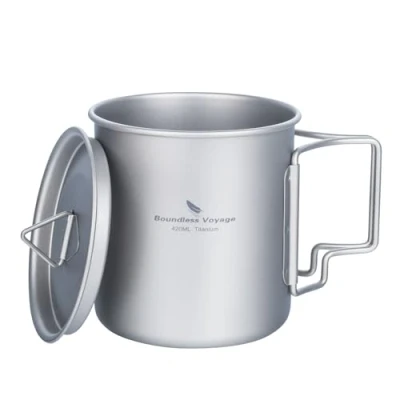 Image of iBasingo 420ml Titanium Mug Tea Coffee Water cup Camping Pot Lightweight Tableware with Lid &amp; Foldable Handle Outdoor Indoor Picnic Daily Portable Drinkware (Ti3025D lid)