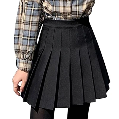 Image of DRESHOW Women Girls Short High Waist Pleated Skirt Basic Plain Stretchy Flared Mini School