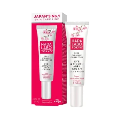 Image of Hada Labo Tokyo Anti Ageing Deep Wrinkle Corrector Eye &amp; Mouth Area Cream, with Super Hyaluronic Acid, Collagen and Retinol, Day Night, 15 ml (Pack of 1)