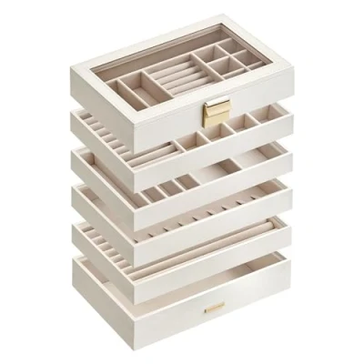 Image of SONGMICS Stackable Jewellery Trays, 6 Tier Box, Large Case, Clear Glass Lid, 17 x 28 25.3 cm, for Dressing Table, Gift Idea, Cloud White JBC195W01