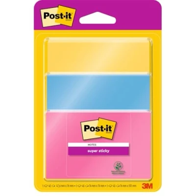 Image of Post it Super Sticky Notes, Assorted Colours, Sizes 3 Pads, 45 Sheets per Pad Extra Notes for Walls, Monitors and Fridge