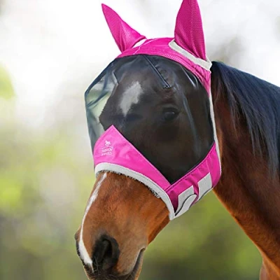 Image of Harrison Howard CareMaster Pro Luminous Horse Fly Mask Standard with Ears UV Protection for Flamingo Full Size