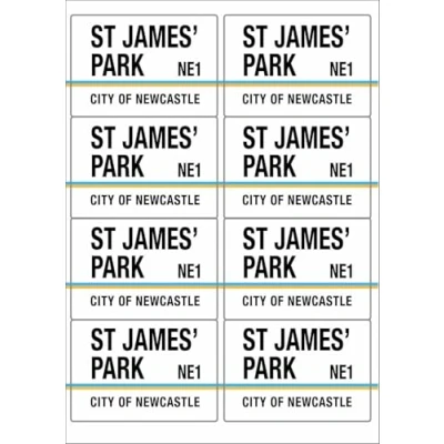 Image of St James Park NE1 City of Newcastle Road Sign Rectangular Matt Paper Stickers A4 Sheet 8 (Each Sticker is 99mm x 68mm)
