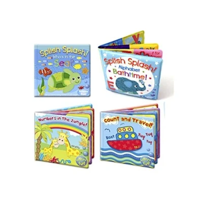 Image of Set of 4 Baby Bath Books First Words ABC Letters &amp; Numbers Plastic Coated Padded Floating Fun Educational Learning Toys for Toddlers Kids