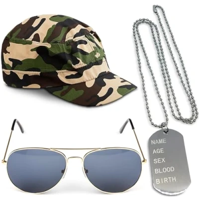 Image of 3pc Army Costume Accessories Fancy Dress Set with Cap, Dog Tag Necklace and Gold Aviator Glasses for Men Adult or Ladies