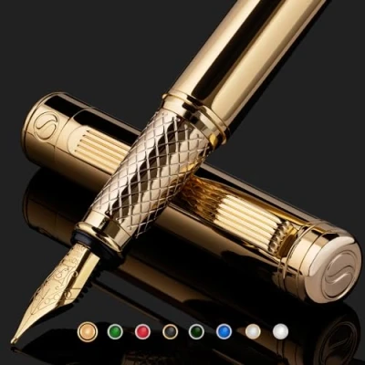 Image of Scriveiner Luxury Fountain Pen Stunning Gold Pen, 24K Finish, Schmidt 18K Gilded Nib (Fine), Converter, Best Gift Set for Men &amp; Women, Professional, Executive, Office, Nice Pens