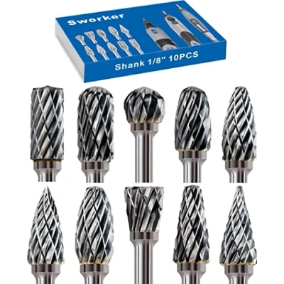 Image of Sworker Carbide Burr Set Compatible with Dremel 1/8&quot; Shank 10PCS Die Grinder Rotary Tool Rasp Bits Accessories Attachments Metal Wood Stone Plastic Carving Cutting Cleaning Grinding Engraving