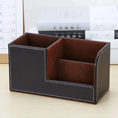 Image of PU Office Organiser Multifunctional Pencil Holder 3 Compartment Storage Box Leather Desk Organizer Mobile Phone Supplies Holder(Brown)