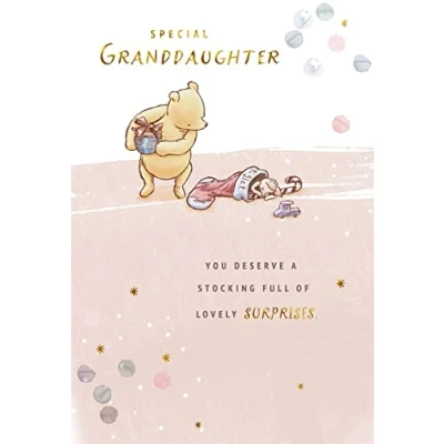 Image of Hallmark Disney Winnie The Pooh Granddaughter Christmas Card Special You Deserve a Stocking Full of Lovely Surprises