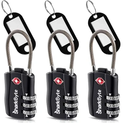 Image of SharkByte TSA Approved Luggage Locks, 3 Dial Security Travel Combination Padlock with Tags, Flexible Cable Wire Suitcase Bag, Gym Lock, Small Code (3 Pack)