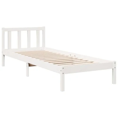 Image of vidaXL Extra Long Bed Frame Single Pine Wood Bed, White Finish, 80x210 cm, Sturdy Slatted Base, with Headboard Bedroom Furniture