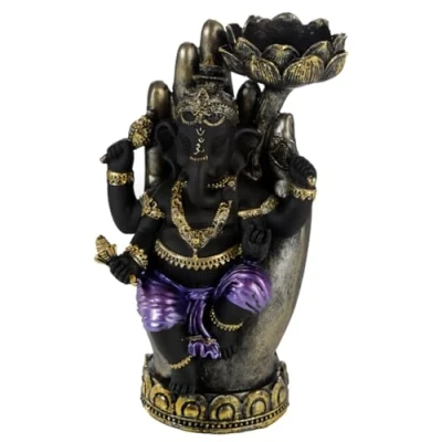 Image of Puckator Purple, Gold and Black Ganesh in Hand Lotus Tea Light Candle Holder Table Decorations Centrepiece Tealight Lights Meditation Stand Holders Home Living Room Decor Accessories