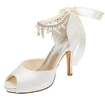 Image of Emily Bridal Wedding Shoe Ivory Shoes Satin High Heels Peep Toe Pearls Lace Up (EU39/UK6, Ivory)