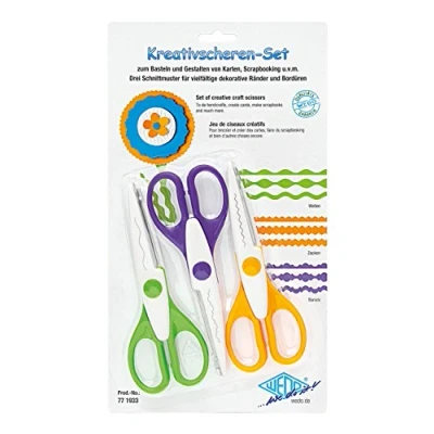 Image of WEDO 77 1933 Set of 3 Creative Scissors Wavy Cut, Serrated Cut and Deckle Green, Purple, Orange