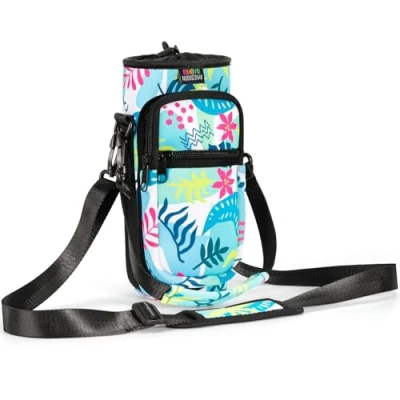 Image of Nuovoware Water Bottle Carrier Bag, 25oz/32oz Pouch Holder, Adjustable Shoulder Hand Strap 2 Pocket Sling Neoprene Sleeve Sports Accessories for Men/Women Hiking Travelling, Coloured Leaves