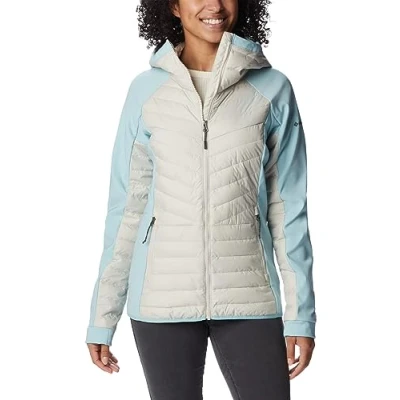 Image of Columbia Women&#039;s Powder Lite Hybrid Hooded Puffer Jacket, Dark Stone, Aqua Haze, M