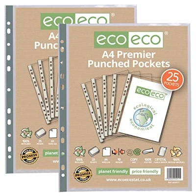 Image of eco A4 100% Recycled Premier Multi Punched Pockets Glass Clear, Transparent Poly Wallet Sheet Protector, 90 Microns (Pack of 50), eco011x2