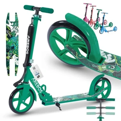 Image of Arebos city scooter pedal green height adjustable foldable incl. carrying strap XXL wheels brake for children and adults up to 100kg load capacity kick