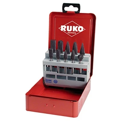Image of RUKO Tungsten Carbide Rotary Burr Set in Steel Case, TiCN Finish, 10 Pieces, R116003TC